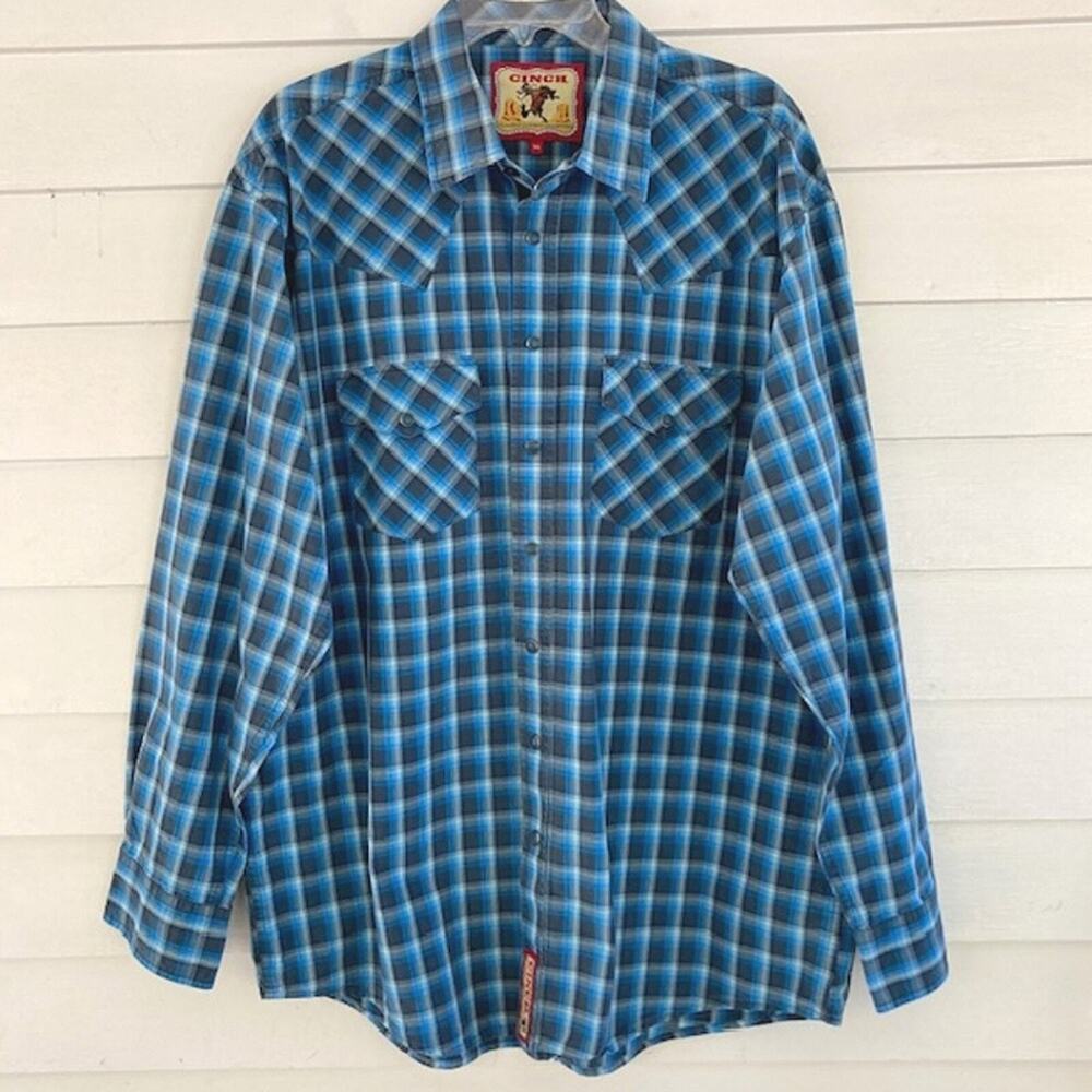 Cinch NEW Classic Cowboy Collection Black & Blue Plaid Snap Long Sleeve Shirt XL
